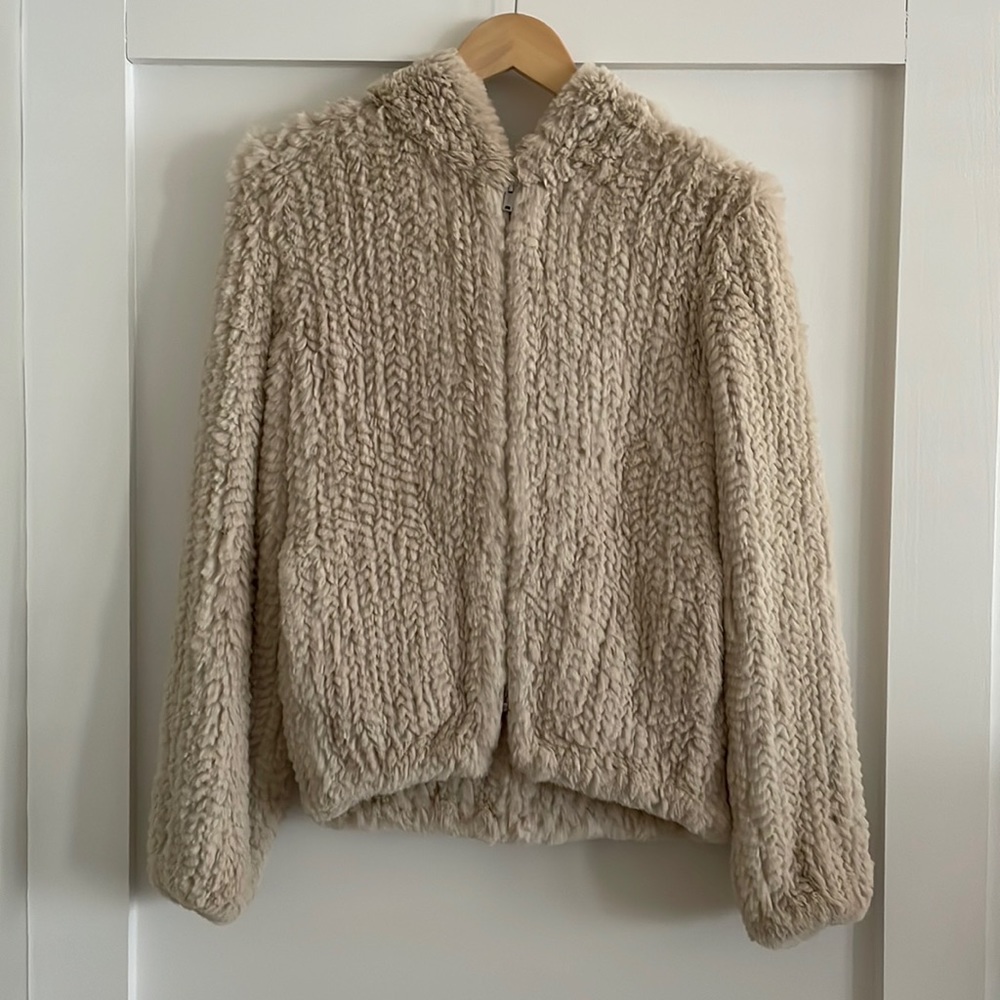 June Rabbit Fur Jacket with hood and pockets XS in Cream